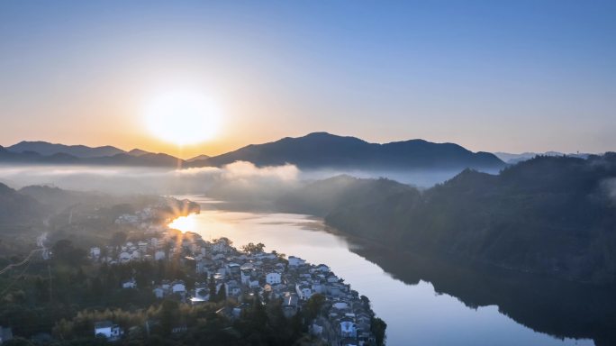 朝阳下的新安江山水画廊航拍延时
