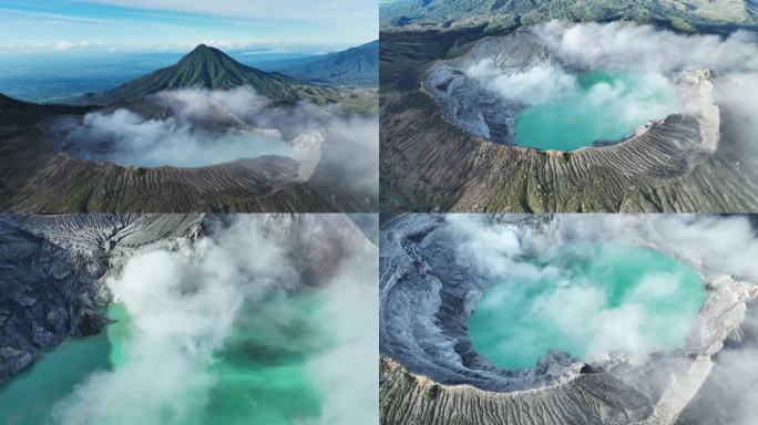 印尼宜珍火山口湖泊硫磺云雾