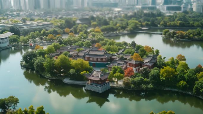 城市园林古建筑航拍月湖
