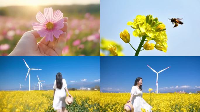 少女美女花海游玩春天油菜花户外野外ai素