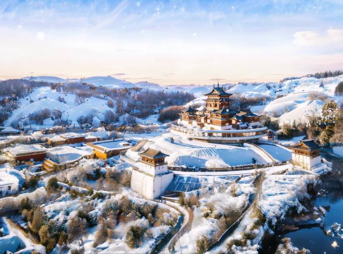 雪后古建筑群航拍