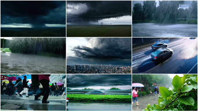 下雨天狂风暴雨电闪雷鸣城市乌云压顶闪电