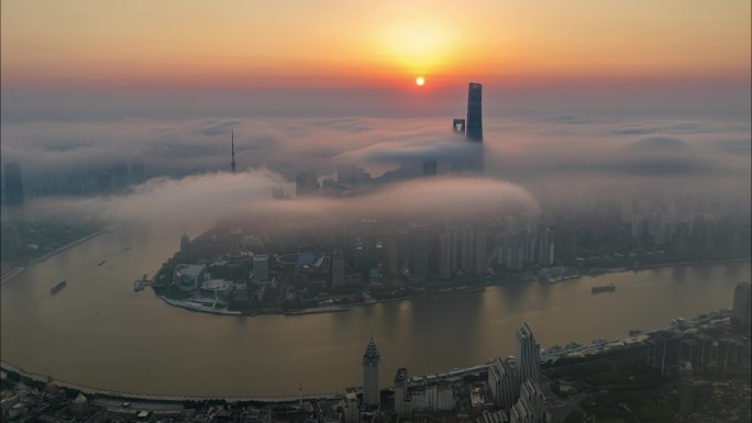 上海城市天际线晨曦 陆家嘴平流雾