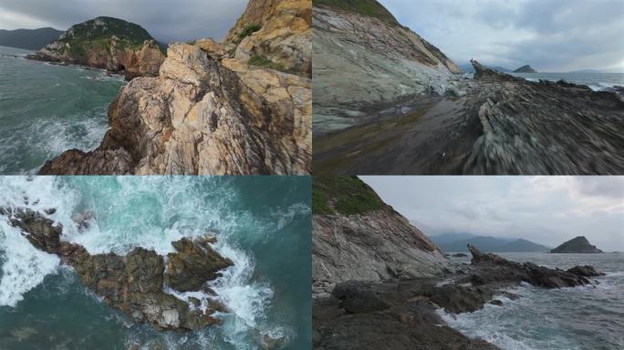 fpv穿越机航拍海浪拍打礁石海岸大海翻滚