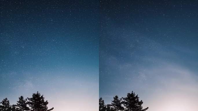 朋友们在星空下的篝火旁坐着，月光照耀下的银河星空，垂直天文延时摄影。