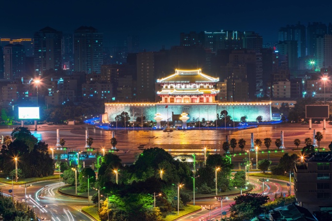 潮汕揭阳楼揭阳广场日转夜景交通车流延时