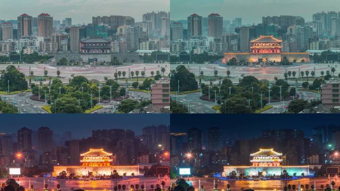 潮汕揭阳楼揭阳广场日转夜景交通车流延时