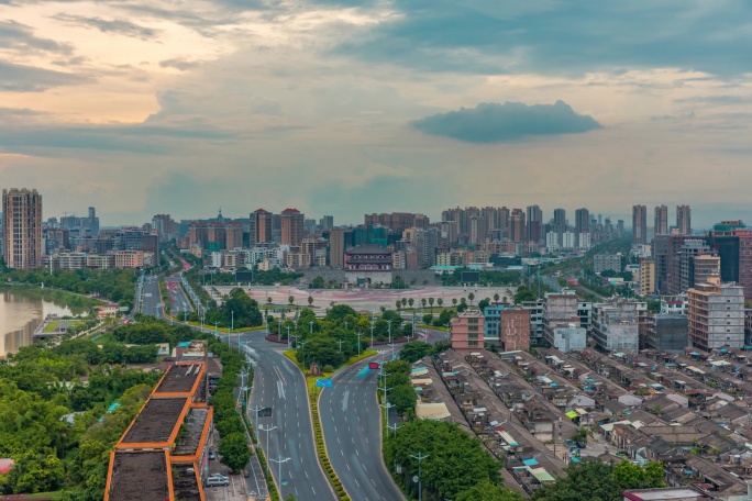 潮汕揭阳楼揭阳广场黄昏夕阳交通车流延时