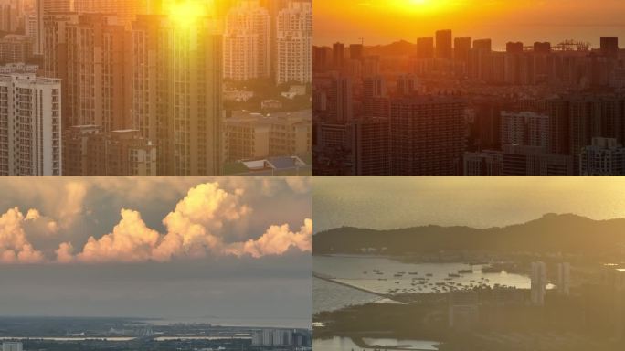 广西北海夕阳大场面航拍晚霞