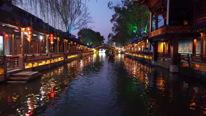 4K 周庄夜景航拍 江南水乡古镇夜景航拍