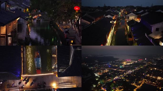 4K 周庄夜景航拍 江南水乡古镇夜景航拍