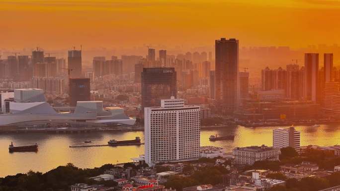 广州荔湾白鹅潭珠江口日落时刻航拍
