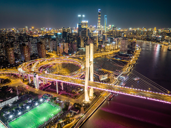 上海市南浦大桥城市交通车流夜景航拍