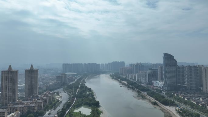 揭阳榕江北河航拍城市河流建筑风光阴天城市