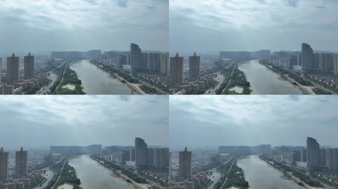 揭阳榕江北河航拍城市河流建筑风光阴天城市