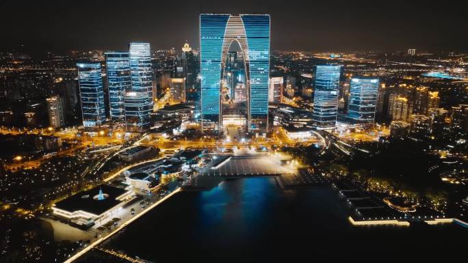 苏州市东方之门金鸡湖夜景航拍