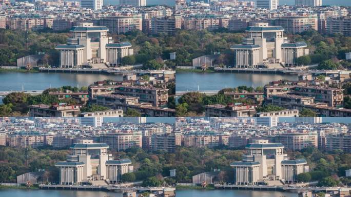 老市区城市地标建筑群风光湖畔延时8K