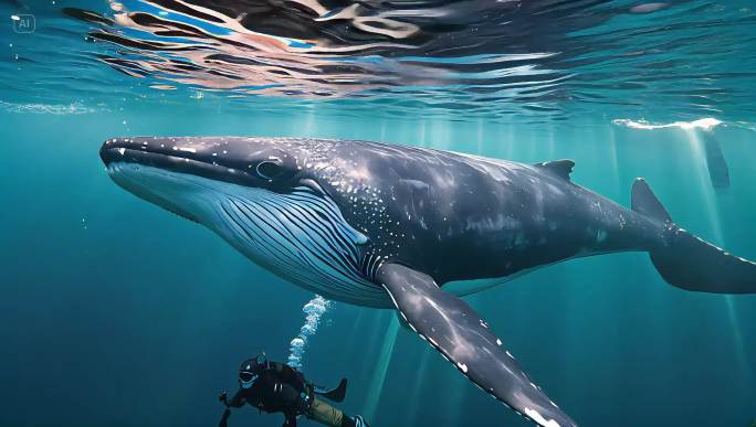 海底潜水员遇到鲸鱼