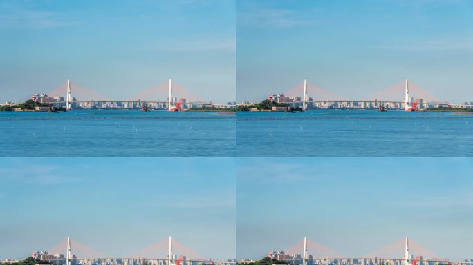 蓝色海面上的现代跨海大桥城市风光延时8K