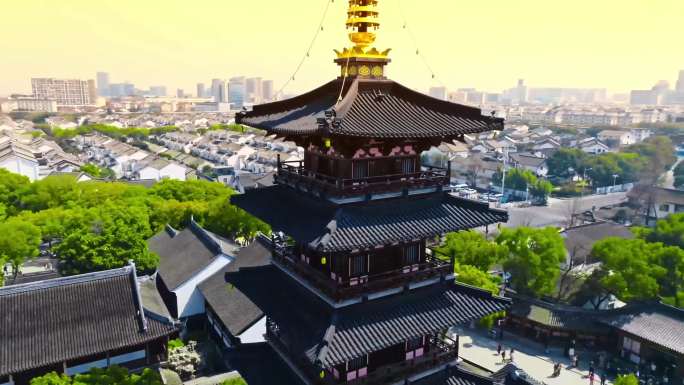 苏州古城区寒山寺航拍