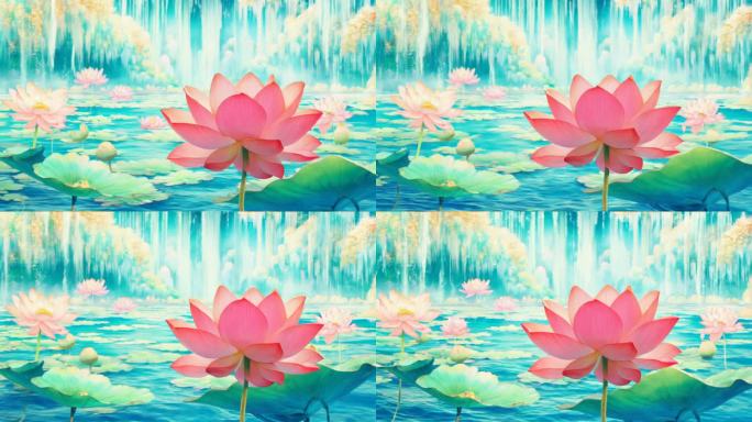 唯美莲花池水彩意境