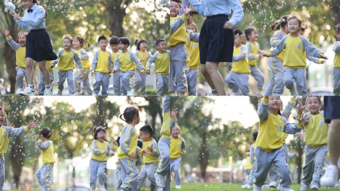 幼儿园小朋友户外吹泡泡