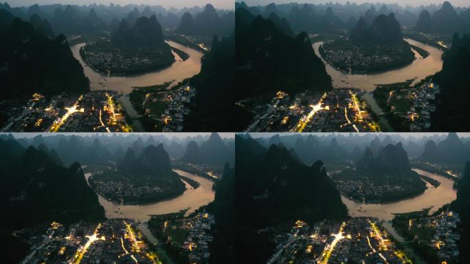 航拍广西桂林阳朔兴坪古镇夜景与漓江风光