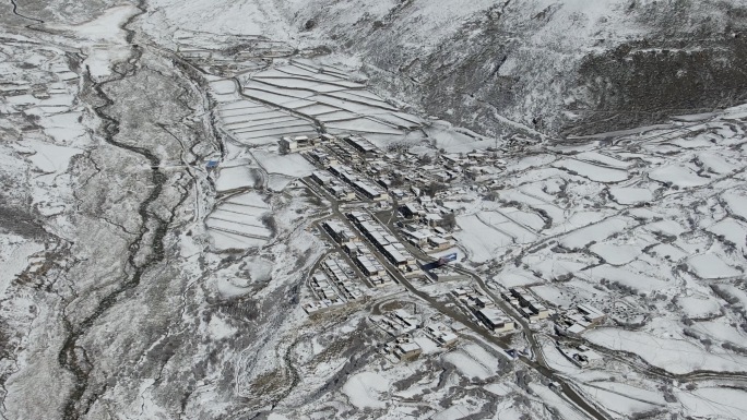 西藏洛扎县色乡措玉村 雪山下的村庄 航拍