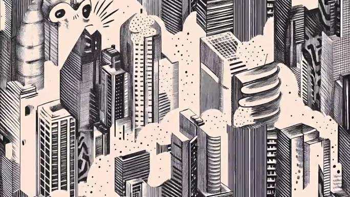 一幅黑白轮廓漫画风格的等距现代城市景观无缝循环背景，建筑素描风格，钢笔画，横向运动。