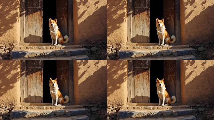 土坯房前的忠犬守候