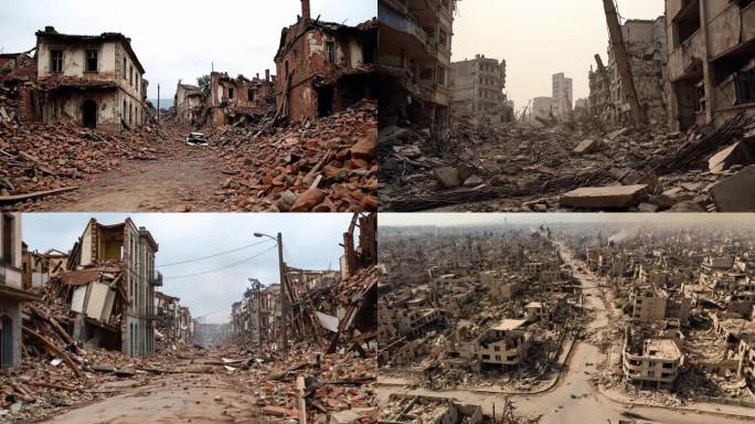 受灾灾害地区地震战争废墟山区动画城市航拍