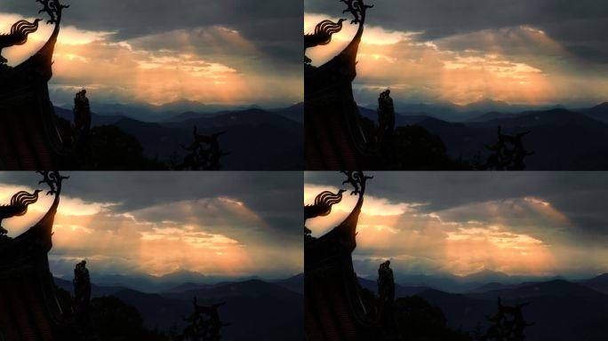 寺庙屋檐夕阳丁达尔光