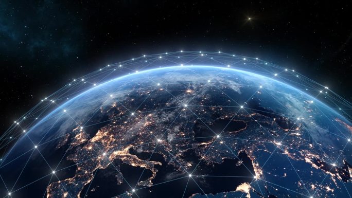 地球防御系统网格覆盖行星。全球互联网网络，数字全球控制插图。夜间城市灯光，全球网络，太空轨道卫星视图