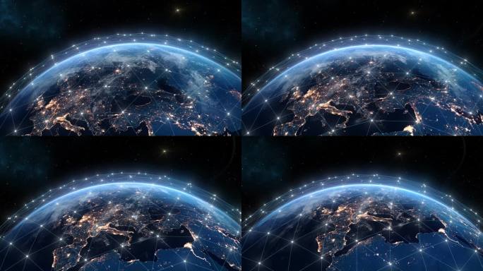 地球防御系统网格覆盖行星。全球互联网网络，数字全球控制插图。夜间城市灯光，全球网络，太空轨道卫星视图
