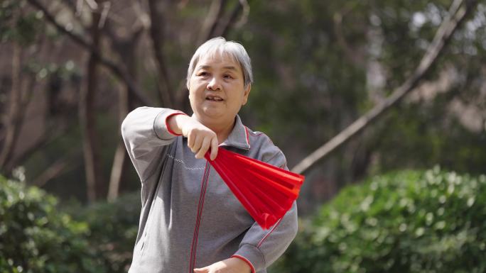 老人公园老人太极拳扇子舞锻炼身体