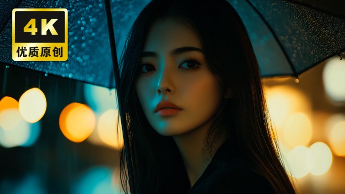 雨中女子背影孤寂夜灯朦胧伤感氛围