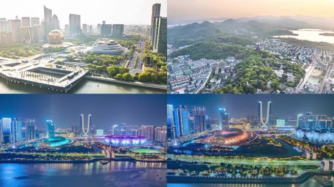 杭州城市地标航拍延时摄影