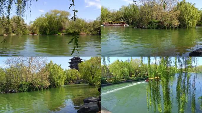 宁静湖面柳树依依 游船湖畔风光 春天快闪