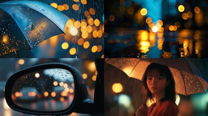 霓虹映雨夜车流穿行都市光影女人撑伞背影