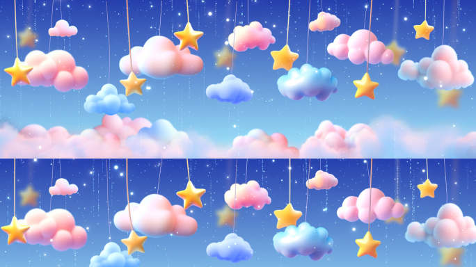 6k粉色可爱卡通天空云朵星星儿童节背景