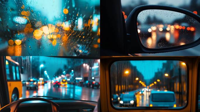 车窗雨幕中的霓虹都市夜间车流光影伤感情绪