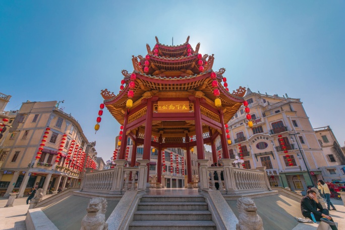 潮汕特色骑楼建筑复古城亭台楼阁间延时8K