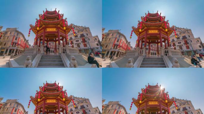 潮汕特色骑楼建筑复古城亭台楼阁间延时8K