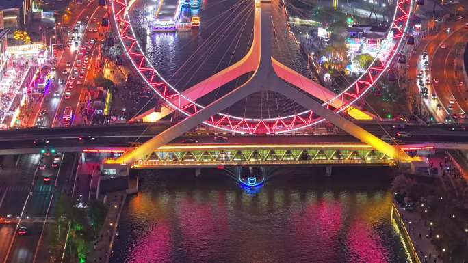 天津之眼摩天轮夜景海河游船城市风光