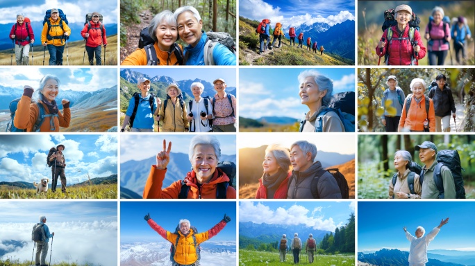 老人爬山老年人登山户外徒步银发经济旅游