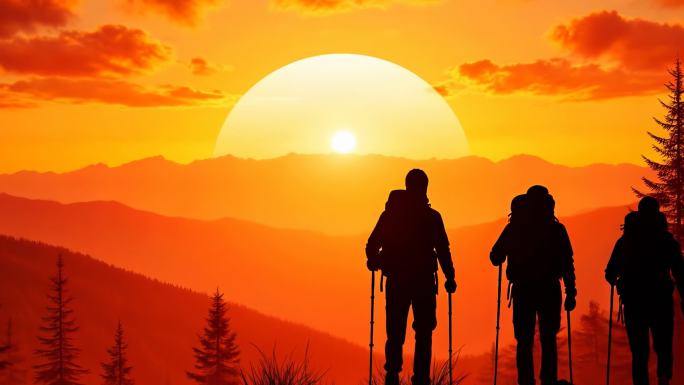 团队合作攀登日出徒步剪影登山云端日落日出