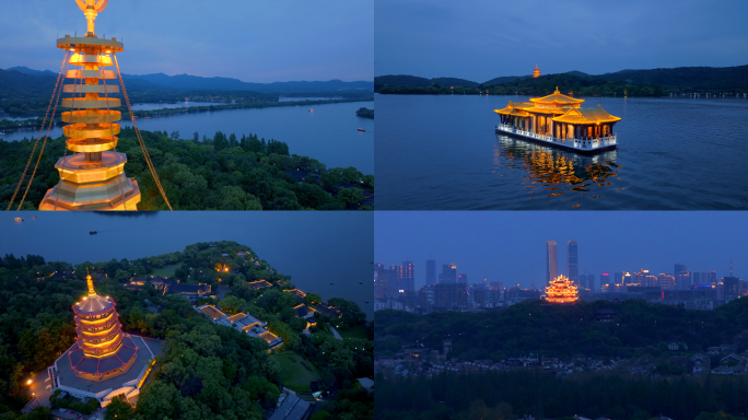 航拍 夜西湖 游船 城市夜景
