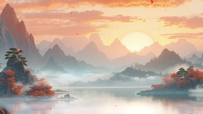 3款8k唯美夕阳山水 水墨山水 国风山水