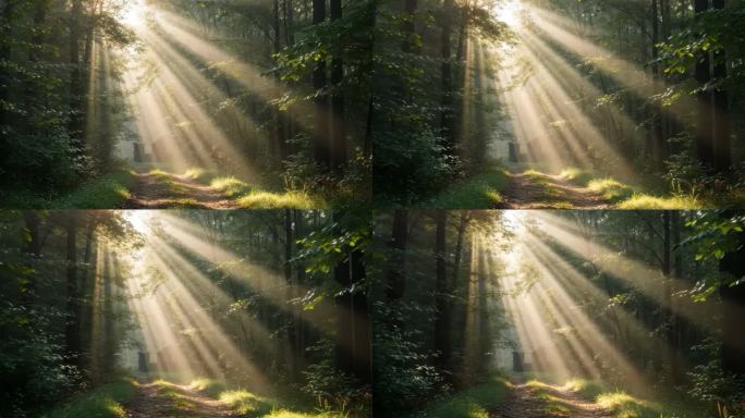 自然森林中的丁达尔光效应