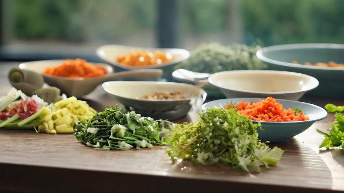 桌上整齐摆放食材小碗